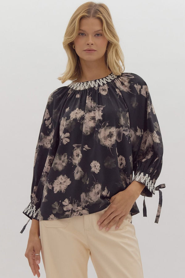 Entro Floral Print Tie Closure ¾ Puff Sleeve Pullover Top Black