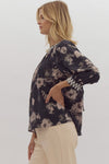 Entro Floral Print Tie Closure ¾ Puff Sleeve Pullover Top Black