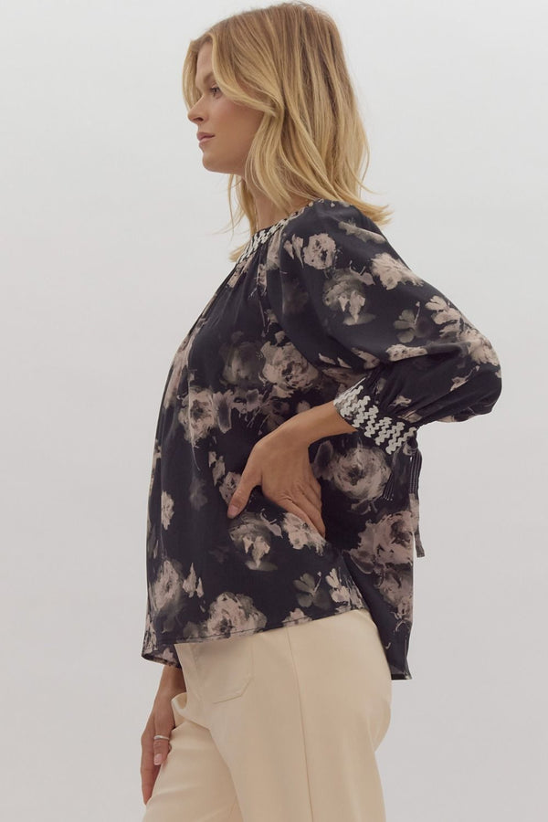 Entro Floral Print Tie Closure ¾ Puff Sleeve Pullover Top Black