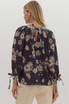 Entro Floral Print Tie Closure ¾ Puff Sleeve Pullover Top Black