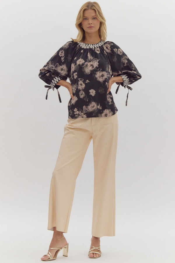 Entro Floral Print Tie Closure ¾ Puff Sleeve Pullover Top Black