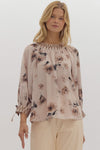Entro Floral Print Tie Closure ¾ Puff Sleeve Pullover Top Ecru