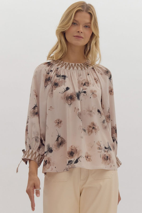 Entro Floral Print Tie Closure ¾ Puff Sleeve Pullover Top Ecru