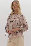 Entro Floral Print Tie Closure ¾ Puff Sleeve Pullover Top Ecru