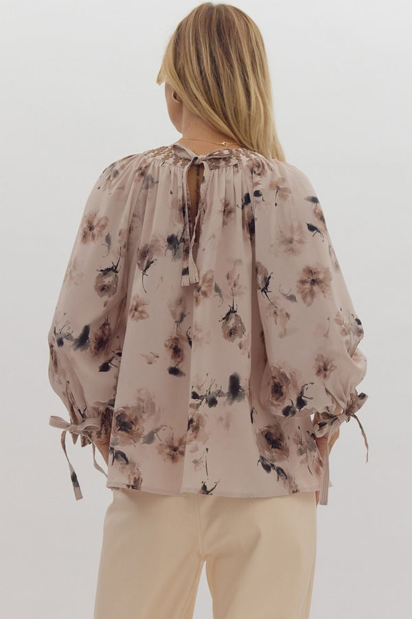 Entro Floral Print Tie Closure ¾ Puff Sleeve Pullover Top Ecru