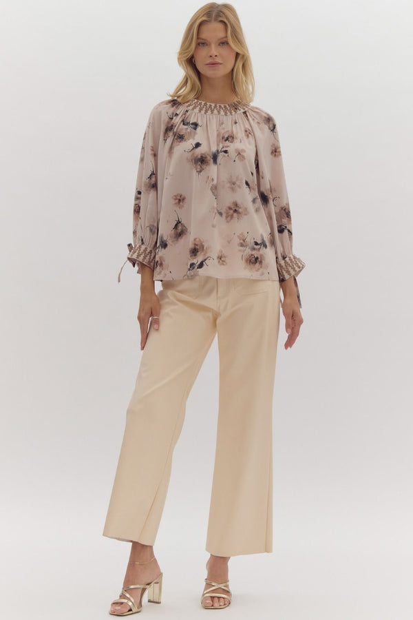 Entro Floral Print Tie Closure ¾ Puff Sleeve Pullover Top Ecru