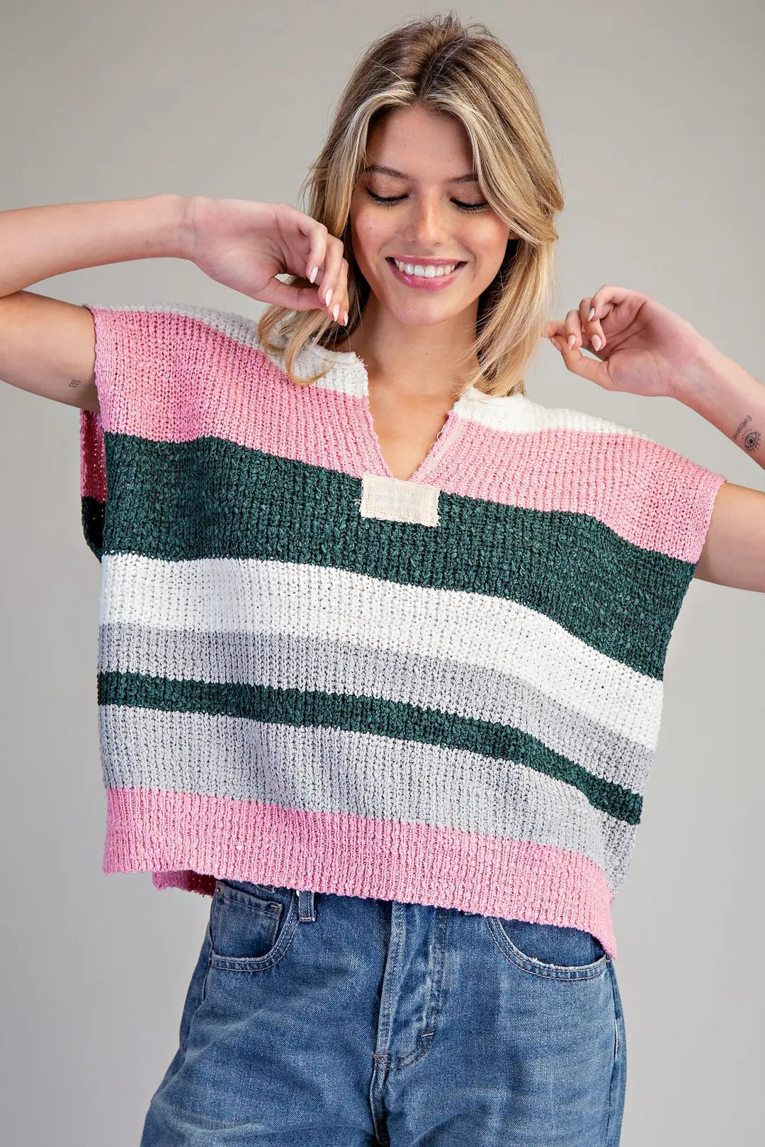 Multicolor Striped Cap Sleeve Sweater - Forest Bloom