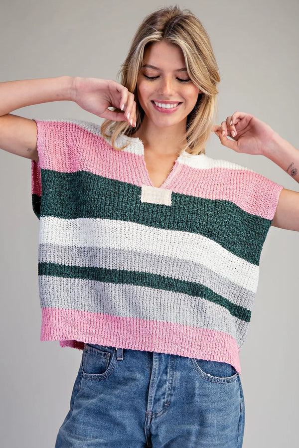 Multicolor Striped Cap Sleeve Sweater - Forest Bloom