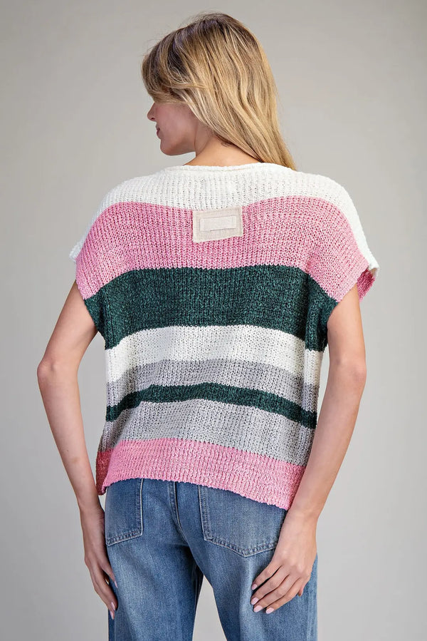 Multicolor Striped Cap Sleeve Sweater - Forest Bloom
