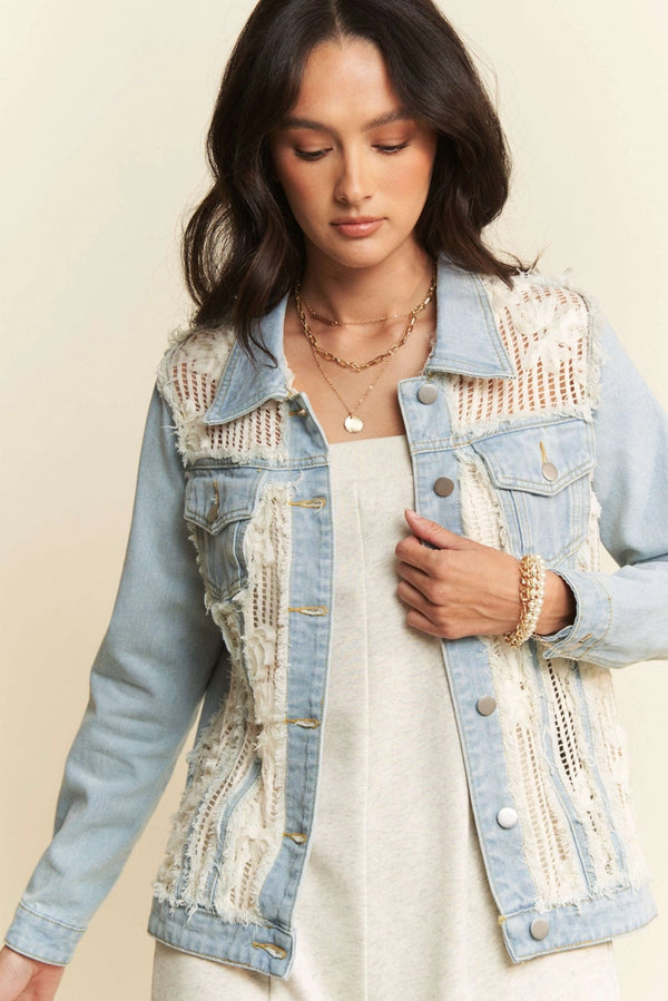 Frayed Lace Panel Denim Jacket