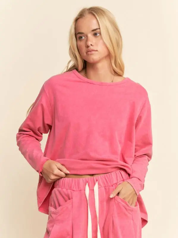 Garment Washed Long Sleeve Top and Pants Set - Magenta