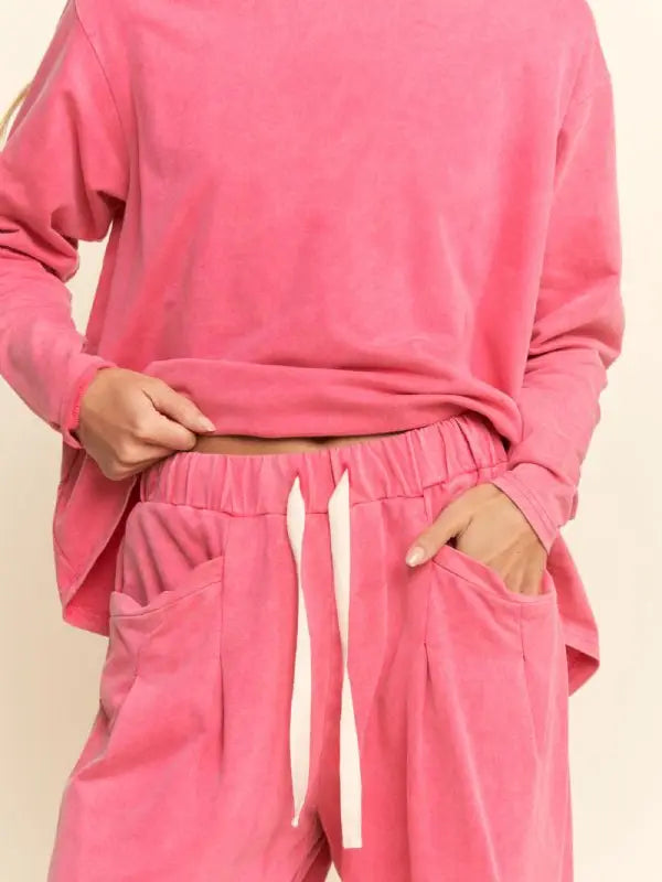 Garment Washed Long Sleeve Top and Pants Set - Magenta
