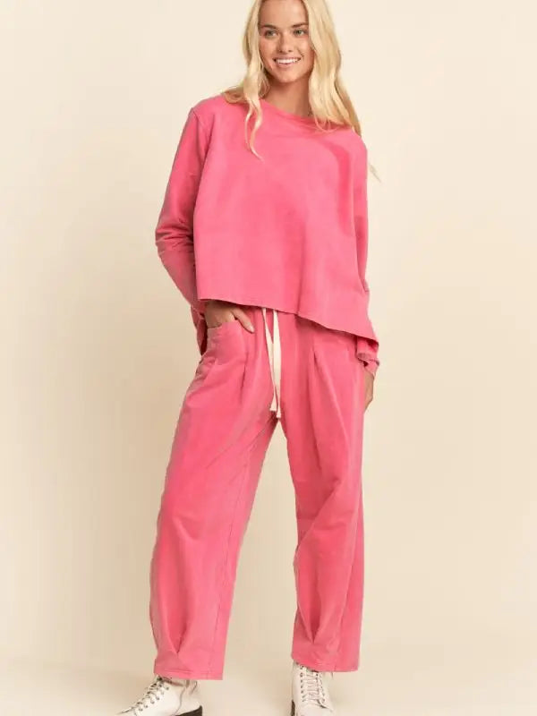 Garment Washed Long Sleeve Top and Pants Set - Magenta