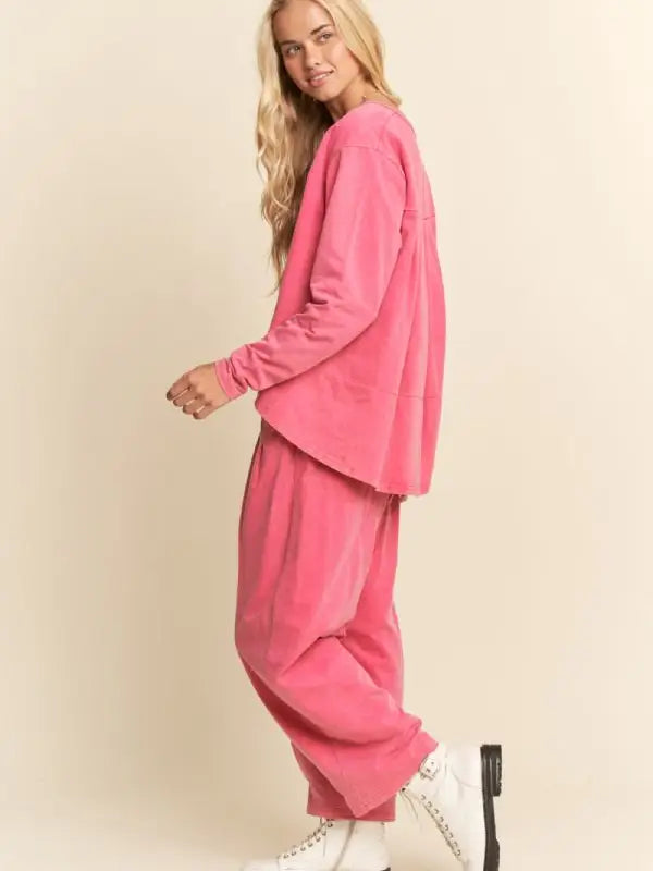 Garment Washed Long Sleeve Top and Pants Set - Magenta
