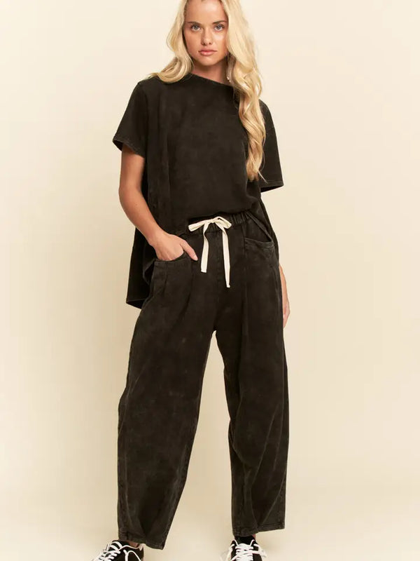 Garment Washed Short Sleeve Pleat Top Pants Set Black