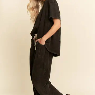 Garment Washed Short Sleeve Pleat Top Pants Set Black