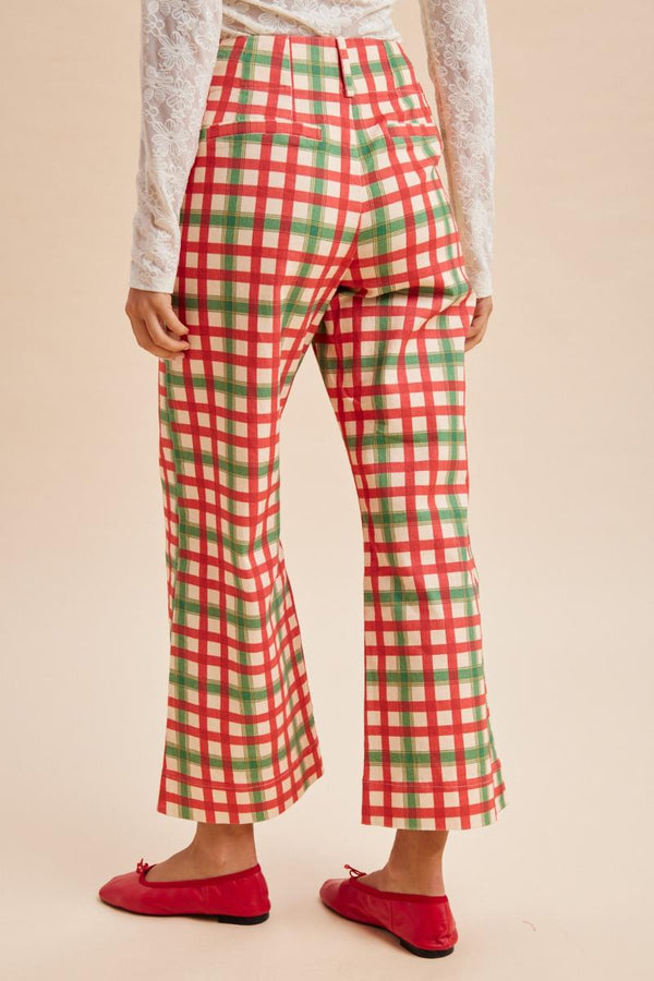 Stretch Gingham Printed Slim Wide Leg Pants