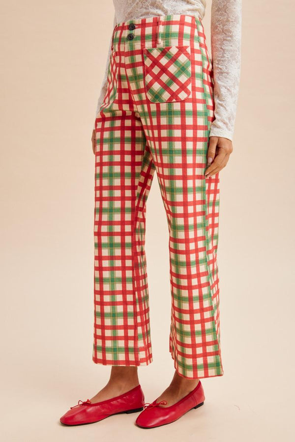 Stretch Gingham Printed Slim Wide Leg Pants