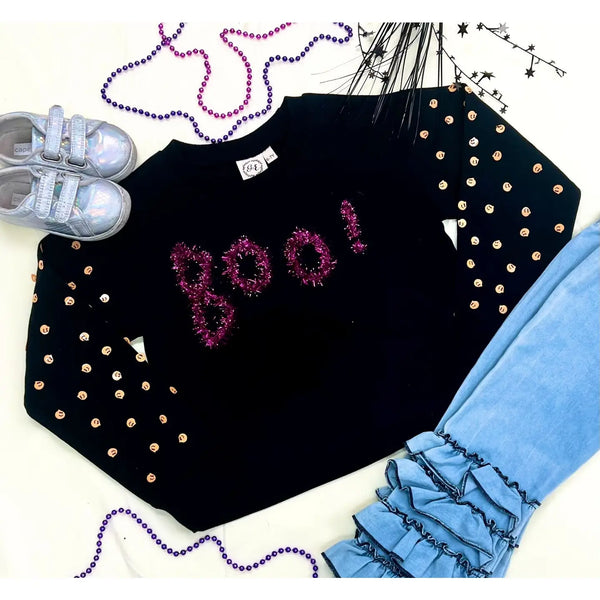 Girls Black Boo Crewneck with Pumpkin Sequin Sleeves