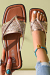 Gold Glitter Band Square Toe Flat Sandals