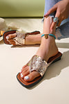 Gold Glitter Band Square Toe Flat Sandals