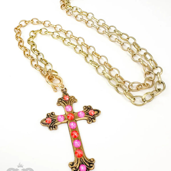Gold Swirl Tip Cross Long Necklace with Austrian Crystals