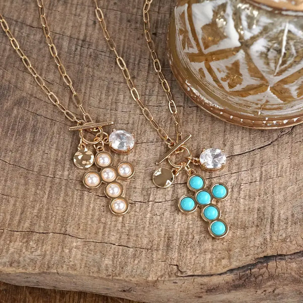 Grace Notes – Dainty Charm Cluster Necklace on Paperclip Chain - Pearl or Turquoise