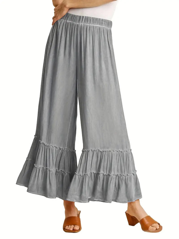 Elastic High Waisted Palazzo Pants - Wide Leg Ruffle - Gray