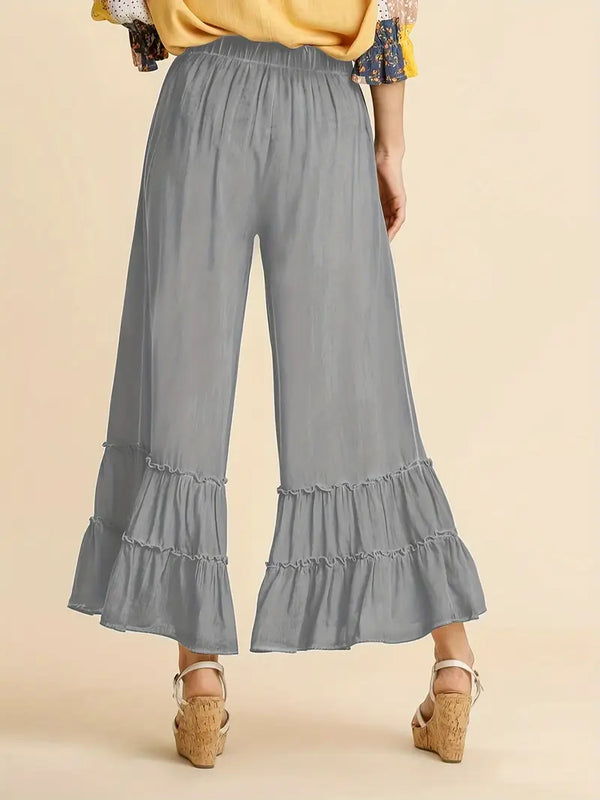 Elastic High Waisted Palazzo Pants - Wide Leg Ruffle - Gray