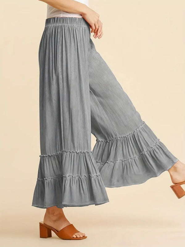 Elastic High Waisted Palazzo Pants - Wide Leg Ruffle - Gray