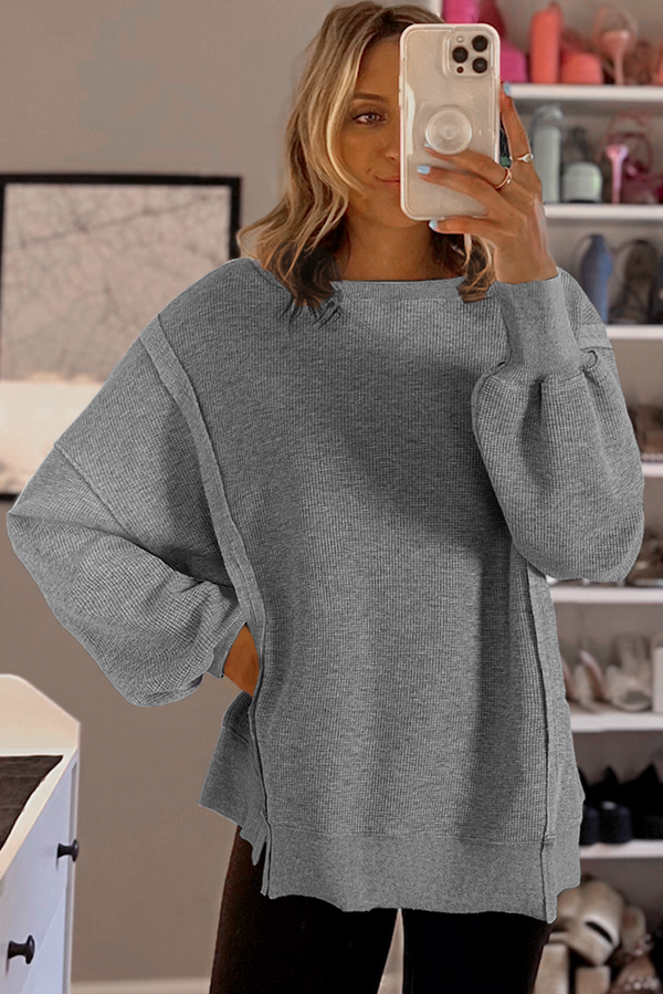 Waffle knit Bishop Sleeve Split Oversized Top - 2 Colors