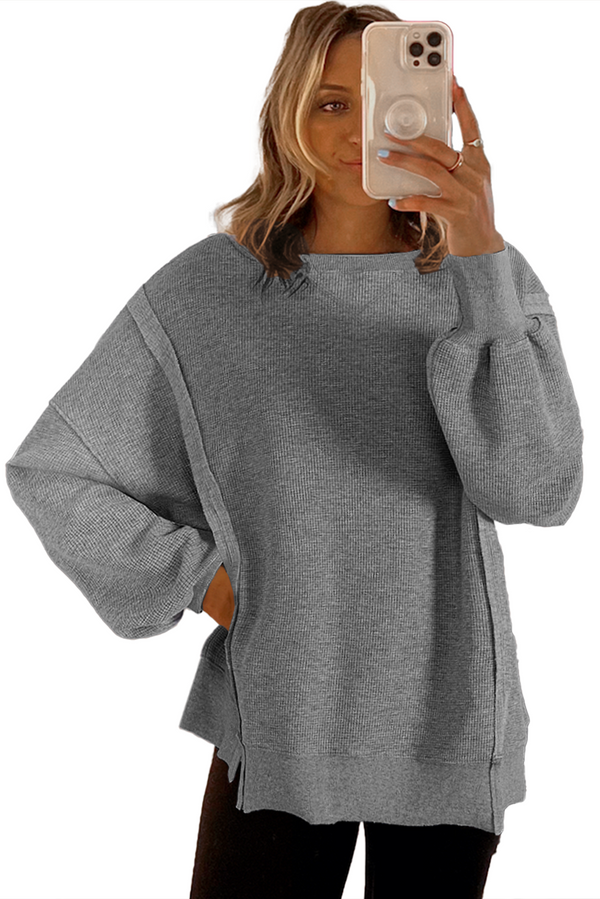 Waffle knit Bishop Sleeve Split Oversized Top - 2 Colors