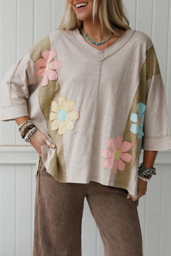 Flower Patched Exposed Seam 3/4 Sleeve Top