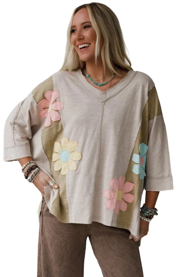 Flower Patched Exposed Seam 3/4 Sleeve Top