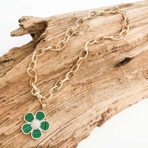 Ornate Flower w CZ Trim Necklace | Green