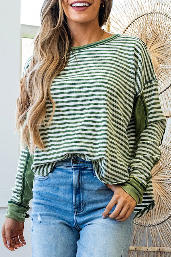 Green Striped Patchwork Knit Drop Shoulder Top