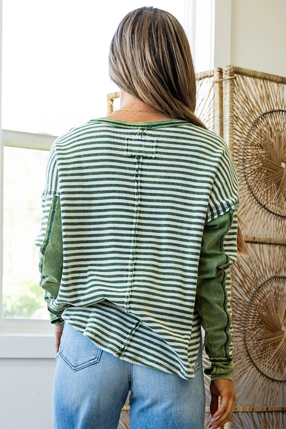 Green Striped Patchwork Knit Drop Shoulder Top