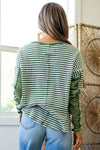 Green Striped Patchwork Knit Drop Shoulder Top