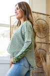 Green Striped Patchwork Knit Drop Shoulder Top