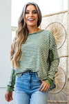 Green Striped Patchwork Knit Drop Shoulder Top