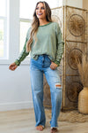Green Striped Patchwork Knit Drop Shoulder Top