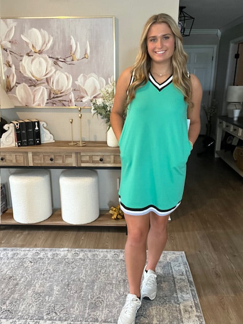 Mint Green Contrast Trim V Neck Sleeveless Mini Dress