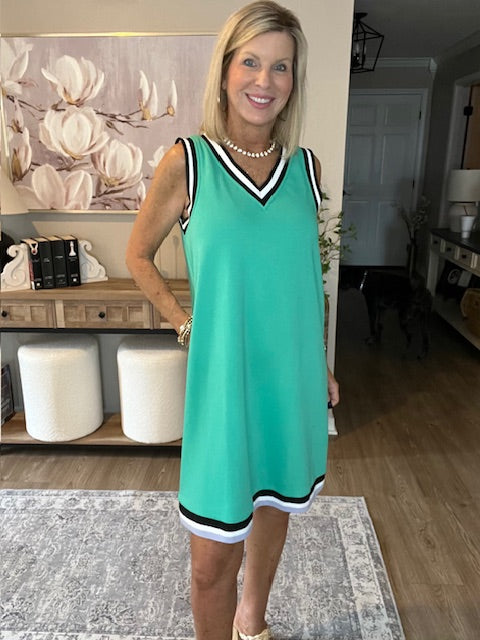 Mint Green Contrast Trim V Neck Sleeveless Mini Dress