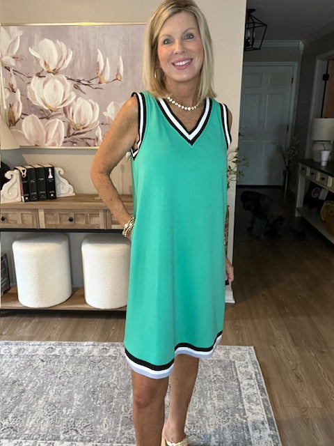 Mint Green Contrast Trim V Neck Sleeveless Mini Dress