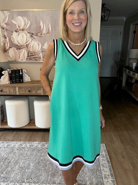 Mint Green Contrast Trim V Neck Sleeveless Mini Dress