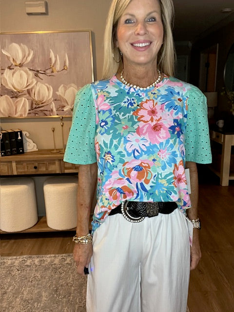 Green Floral Print Eyelet Embroidered Short Sleeve Crew Neck Top