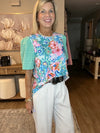 Green Floral Print Eyelet Embroidered Short Sleeve Crew Neck Top