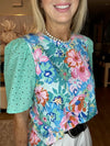 Green Floral Print Eyelet Embroidered Short Sleeve Crew Neck Top