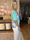 Green Floral Print Eyelet Embroidered Short Sleeve Crew Neck Top