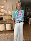 Green Floral Print Eyelet Embroidered Short Sleeve Crew Neck Top